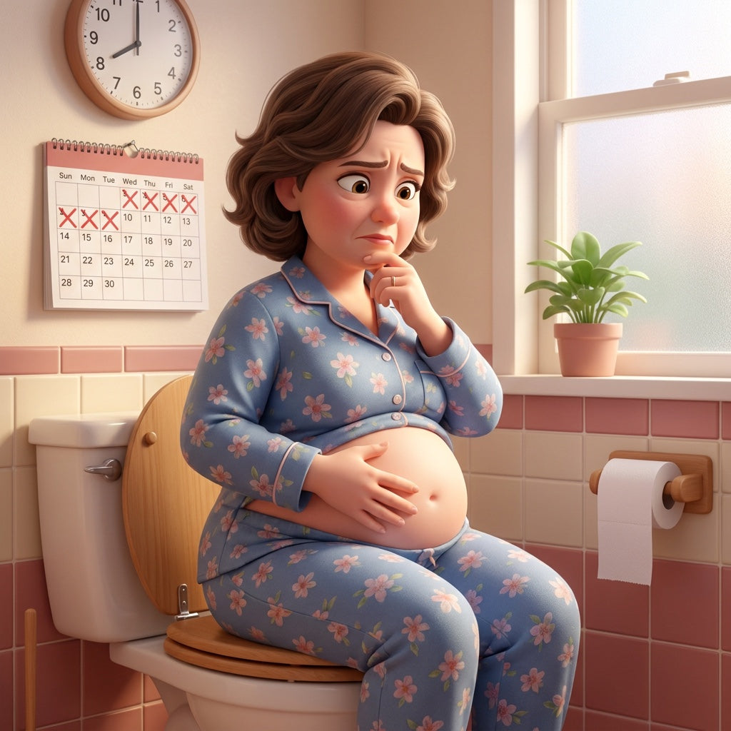 Woman on the shot sitting on the toilet, bloated and backed up for days